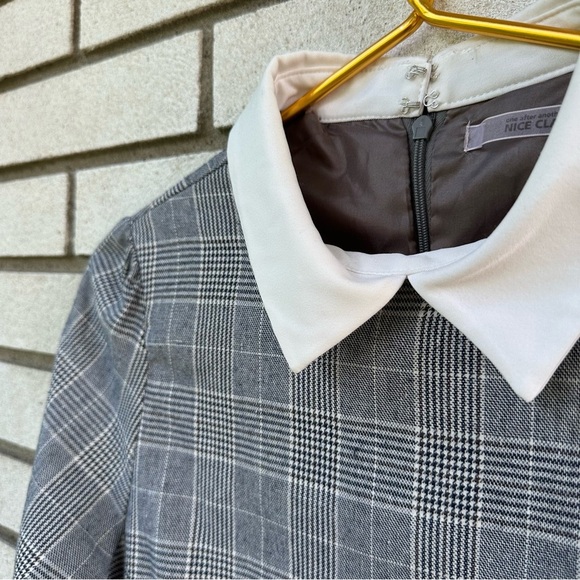 Nice Claup Gray Plaid Long Sleeve Mini Dress White Contrast Collar Scalloped Hem - Picture 3 of 10